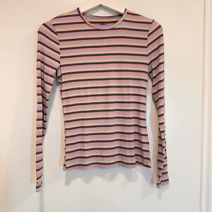 MELI Ribbed Striped Long Sleeve Top XS Blue Coral Yellow Navy